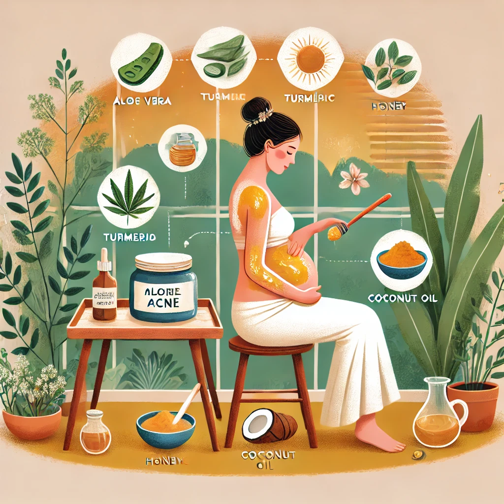 DALL·E 2024 12 02 09.52.29 An instructional and serene illustration depicting natural methods to treat back acne for pregnant women. The scene features a pregnant woman in a pea