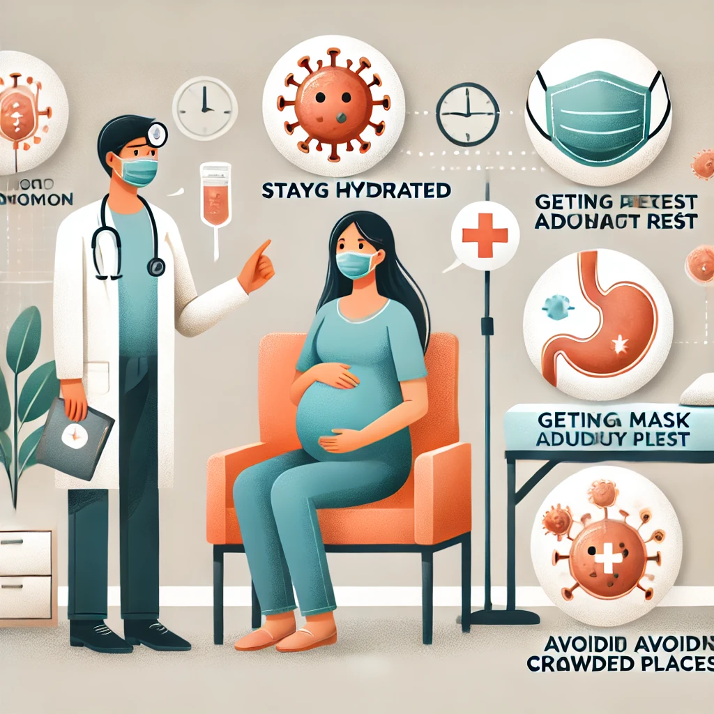 DALL·E 2024 12 05 15.17.03 An educational illustration showing a pregnant woman in a calm medical setting with elements highlighting important considerations for Adenovirus infe