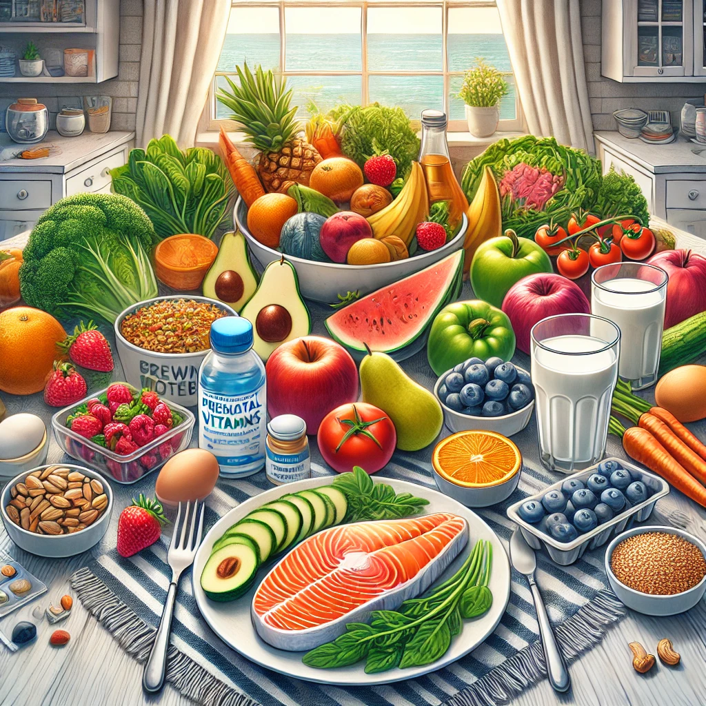 DALL·E 2024 12 10 09.41.22 A detailed and vibrant illustration depicting a healthy diet for pregnant women. The scene features a table arranged with nutritious food items such a